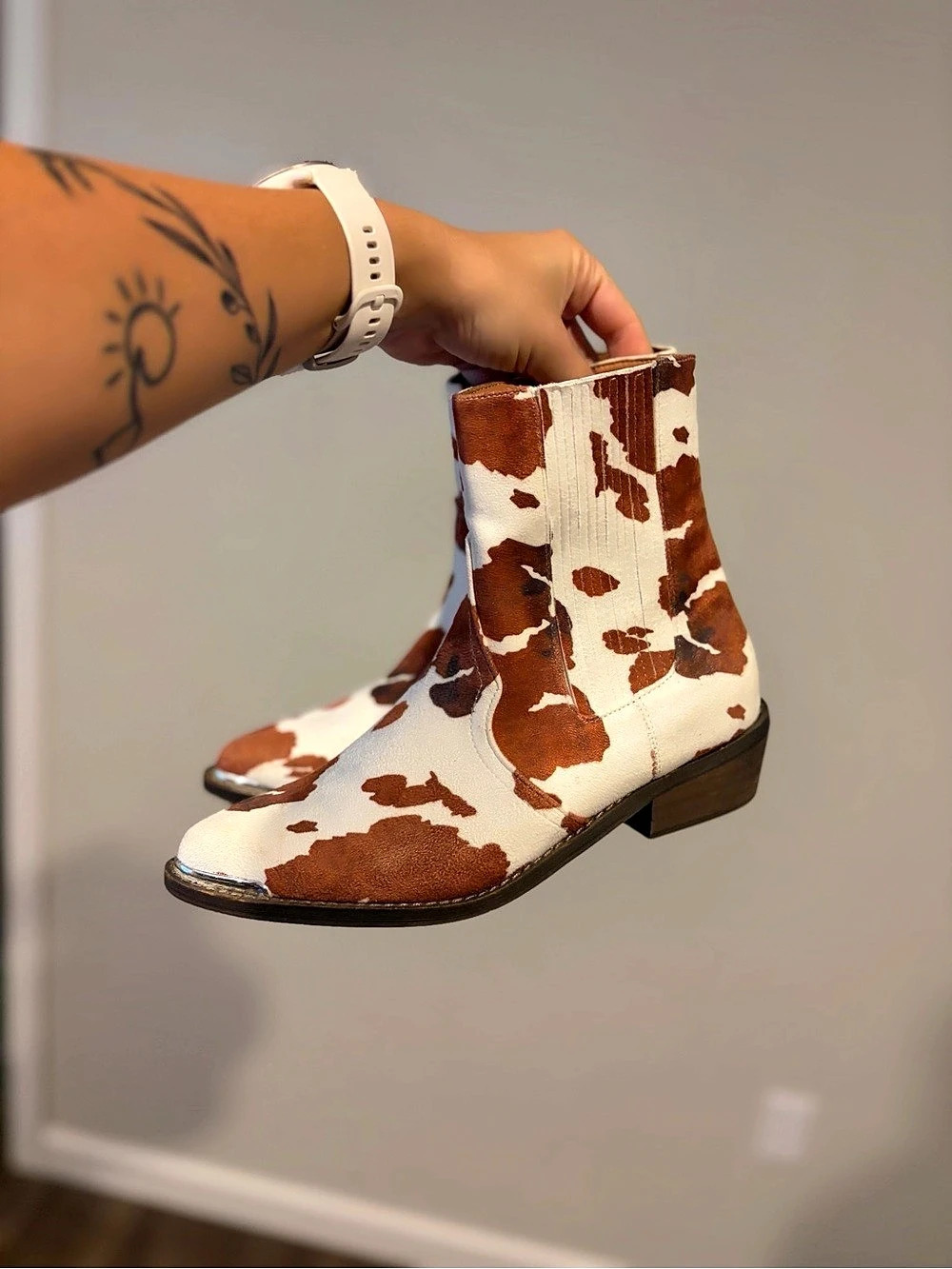 Cow Print Ankle Boots in Brown & White